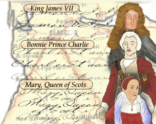 Jacobite Rebellion main page graphic of Mary Queen of Scots, James VII and Bonnie Prince Charlie, 