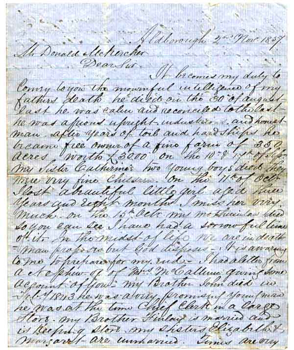 Letter written in 1857 by Duncan McDiarmid to Donald McKercher