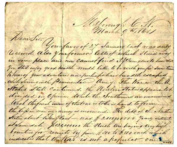 Letter written in 1864 by Duncan McDiarmid to Donald McKercher