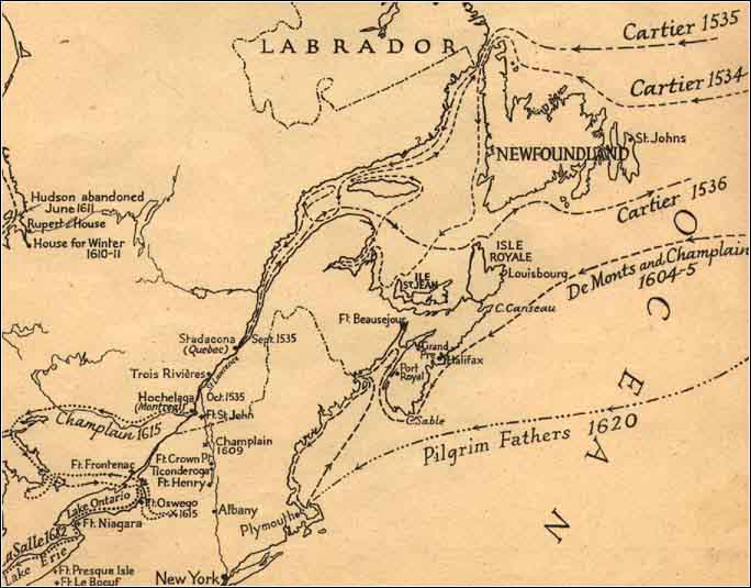 Map of historic immigration patterns to North America 15th - 17th centuries