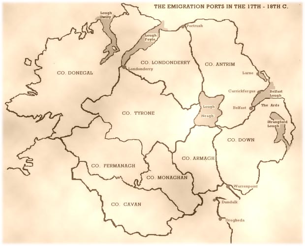 Map of Irish Immigration Ports in the 17th and 18th centuries
