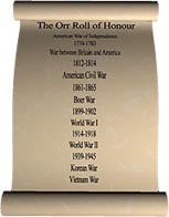 Link to larger image of Orr Roll of Honour listing theatres of war in which Orrs have served since American War of Independence